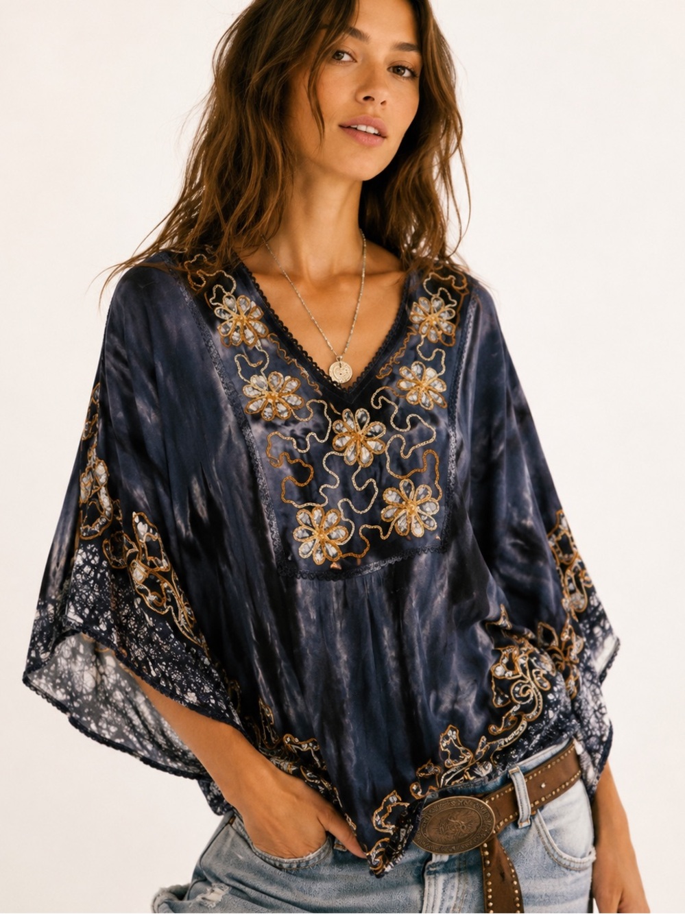 Women's Black & White Tie-Dye Kaftan Tunic Top with Gold & White Embroidery (One